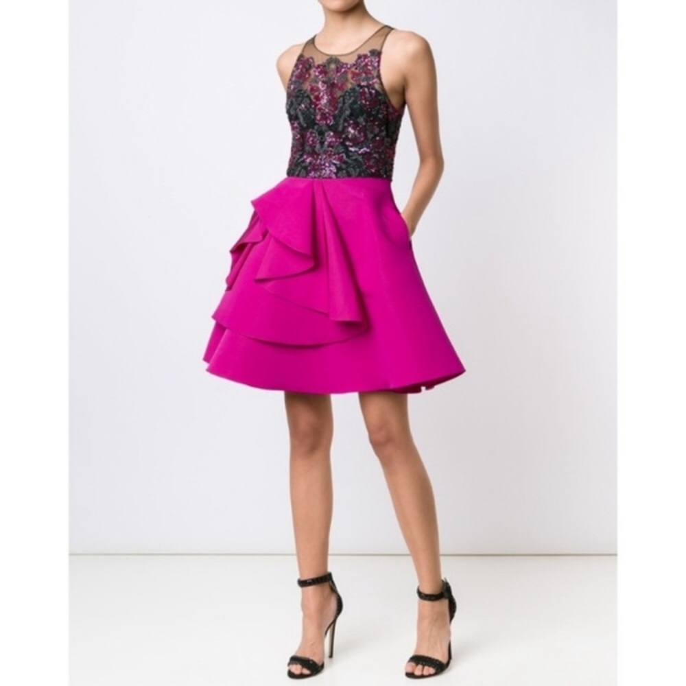 Marchesa Note black and fuscia cocktail dress